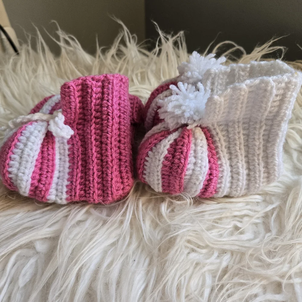 Pink and White Striped Baby Booties Handmade